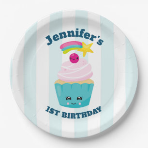 Cute Blue Cupcake with Kawaii Face Birthday Paper Plate