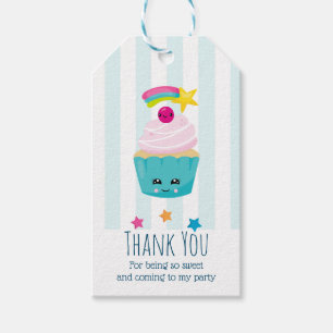 Cute Blue Cupcake with Kawaii Face Birthday Thanks Gift Tags
