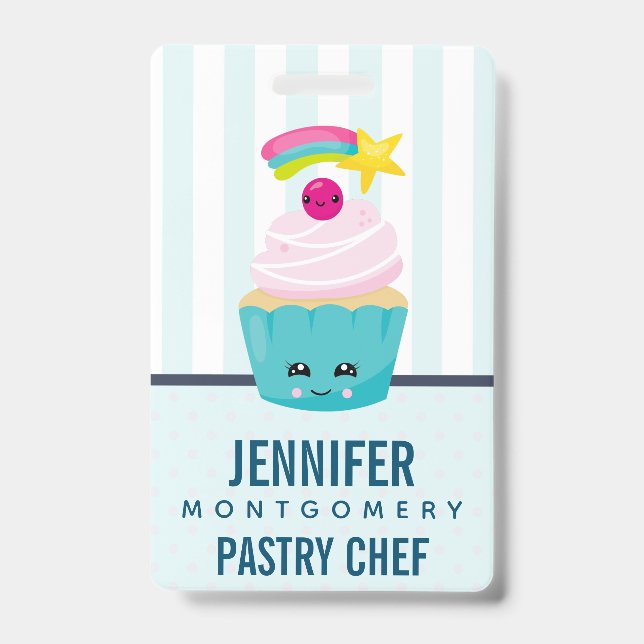 Cute Blue Cupcake with Kawaii Face ID Badge (Front)
