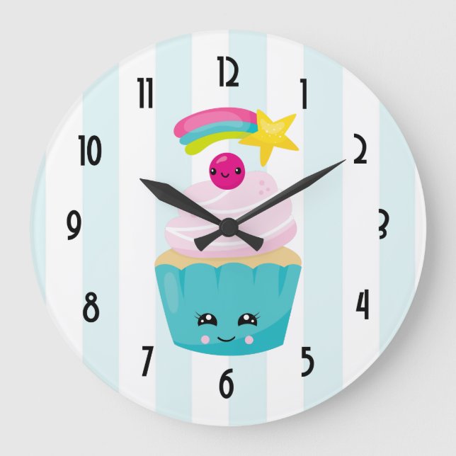 Cute Blue Cupcake with Kawaii Face Large Clock (Front)
