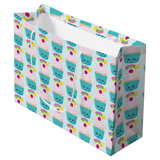 Cute Blue Cupcake with Kawaii Face Pattern Large Gift Bag (Front Angled)