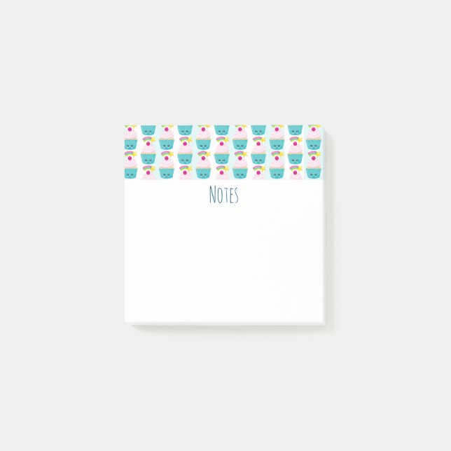 Cute Blue Cupcake with Kawaii Face Pattern Post-it Notes (Front)