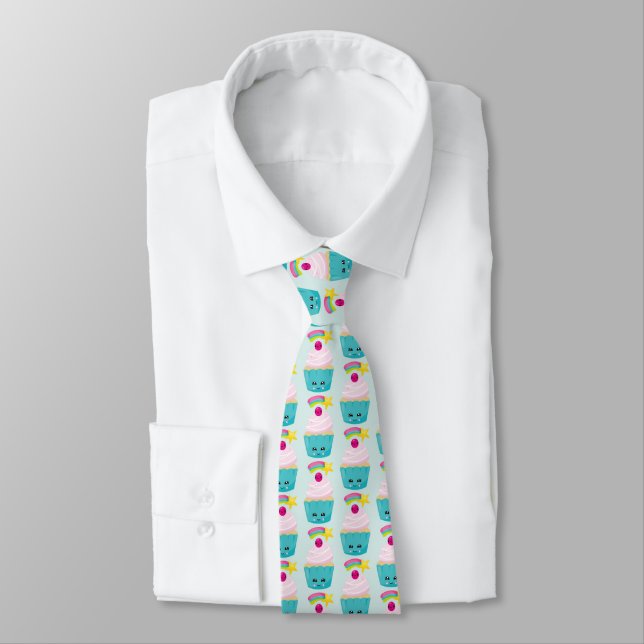 Cute Blue Cupcake with Kawaii Face Pattern Tie (Tied)