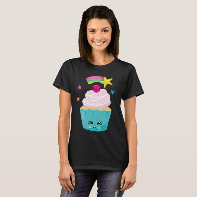 Cute Blue Cupcake with Kawaii Face T-Shirt (Front Full)