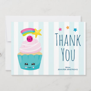 Cute Blue Cupcake with Kawaii Face Thank You Card