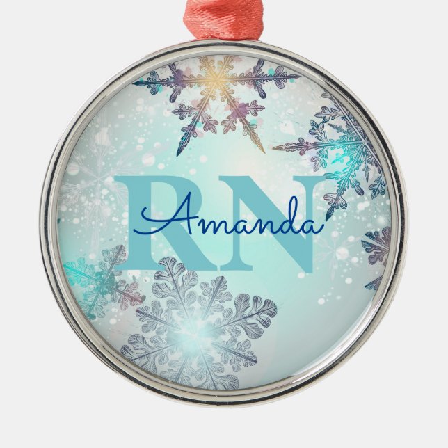 Cute Blue Custom Personalized Name RN Nurse Metal Tree Decoration (Front)