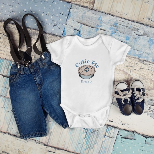 Cute Blue Cutie Pie Baby Boy Bodysuit (Cute Personalized Baby Name "Cutie Pie" Baby Boy Bodysuit. Hand-Drawn Blueberry Pie. )