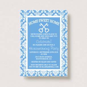 Cute Blue Damask Home Sweet Home Housewarming Invitation