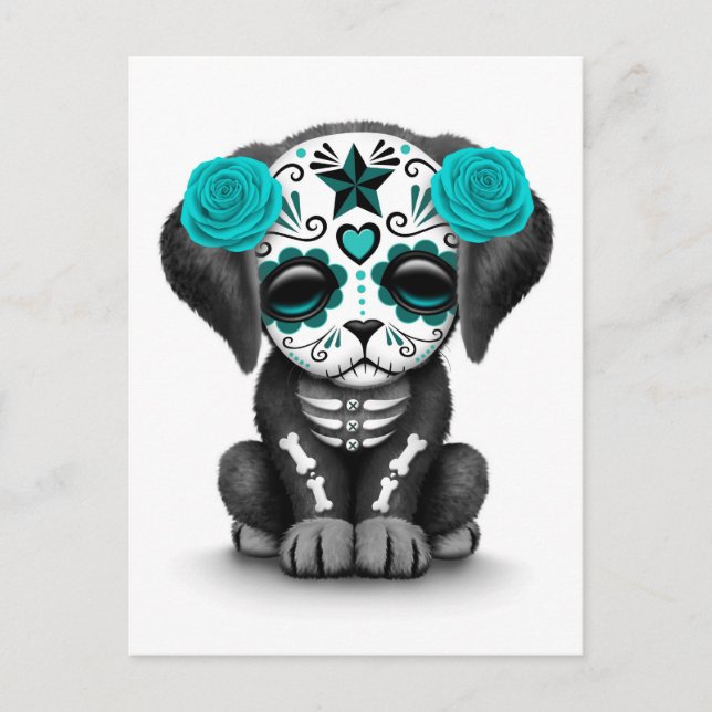 Cute Blue Day of the Dead Puppy Dog White Postcard (Front)