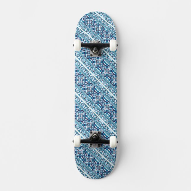 Cute blue decorative ukrainian patterns design skateboard (Front)