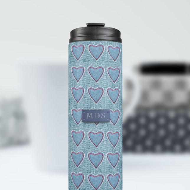 Cute Blue Denim Heart Patchwork Thermal Tumbler (A cute blue denim heart pattern thermal tumbler with space for your initials)