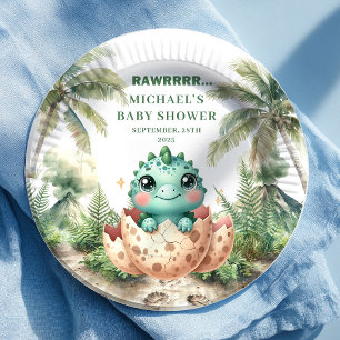 Cute Blue Dino Baby Shower Hatching Soon Plates