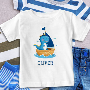 Cute Blue Dino Boat Captain Baby T-Shirt