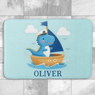 Cute Blue Dino Boat Captain  Bath Mat
