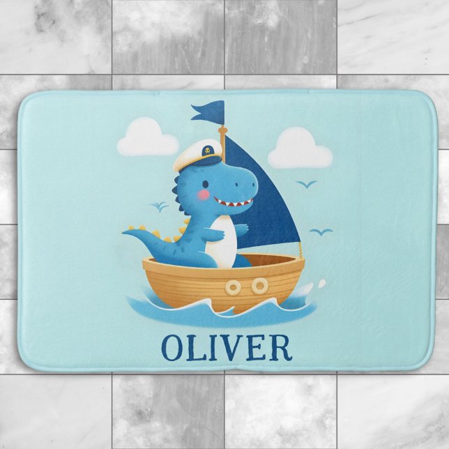 Cute Blue Dino Boat Captain  Bath Mat (Creator Uploaded)