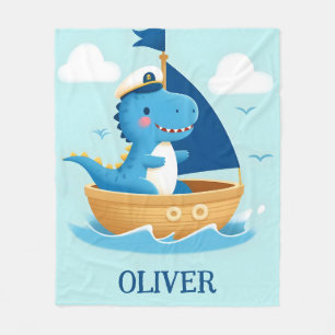 Cute Blue Dino Boat Captain Fleece Blanket