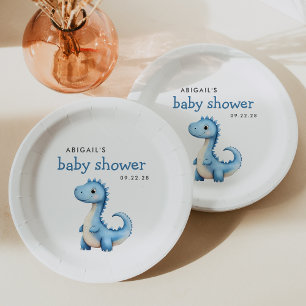 Cute Blue Dinosaur Baby Shower Paper Plate