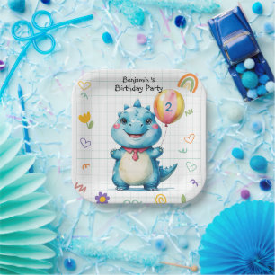 Cute Blue Dinosaur Balloon Boy birthday party Paper Plate