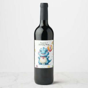 Cute Blue Dinosaur Balloon Boy birthday party Wine Label