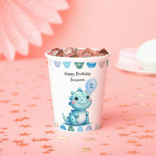 Cute Blue Dinosaur Balloon Boy Happy birthday part Paper Cups