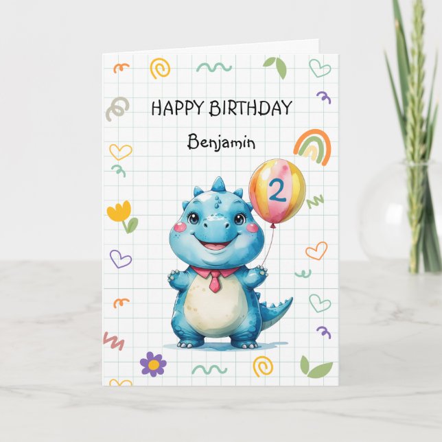 Cute Blue Dinosaur Balloon Boy Happy birthday part Thank You Card (Front)
