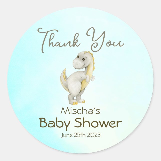 Cute Blue Dinosaur Boys Baby Shower Thank You Classic Round Sticker (Front)