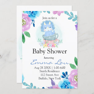 Cute Blue Dinosaur  Floral Teacup Boy Baby Shower Invitation