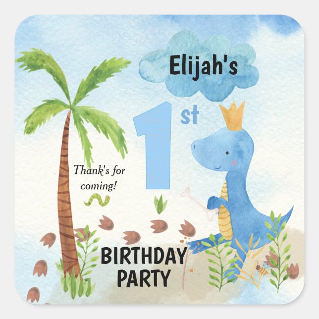 Cute Blue Dinosaur Palm Tree 1st Birthday  Square  Square Sticker (Front)