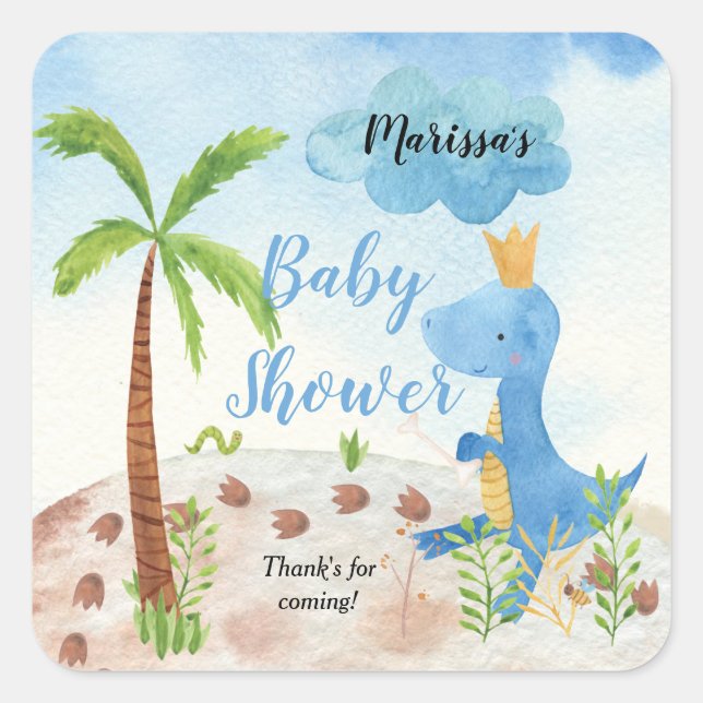 Cute Blue Dinosaur Palm Tree Boy Baby Shower Square Sticker (Front)
