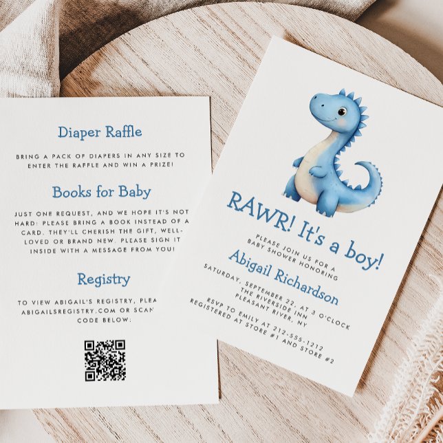 Cute Blue Dinosaur QR Code Boy Baby Shower Invitation (Creator Uploaded)