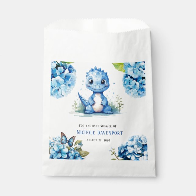 Cute Blue Dinosaur with Florals Boy Baby Shower Favour Bags (Front)