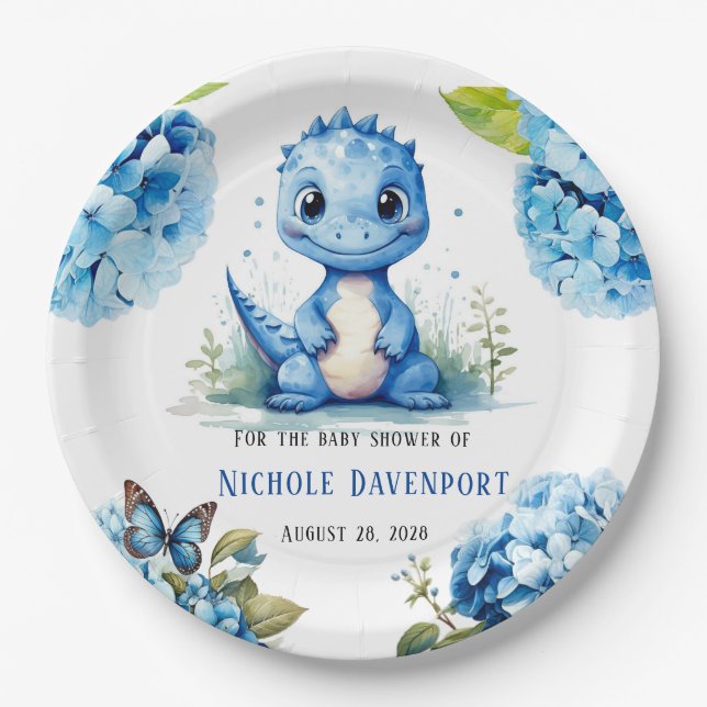 Cute Blue Dinosaur with Florals Boy Baby Shower Paper Plate (Front)