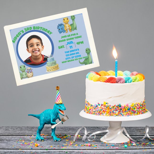Cute Blue Dinosaur with Picture Birthday Invitation (Creator Uploaded)