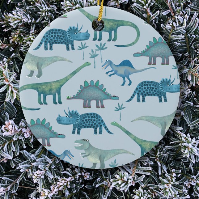 Cute Blue Dinosaurs Ceramic Tree Decoration (Fun blue dinosaur pattern Christmas ornament)