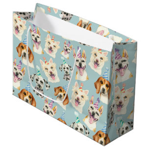 Cute Blue Dog Pattern Watercolor Birthday Large Gift Bag