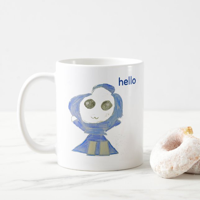 Cute Blue Doll Crayon Drawing Coffee Mug (With Donut)