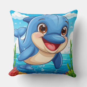 Cute Blue Dolphin Playing Happily in Water Cushion