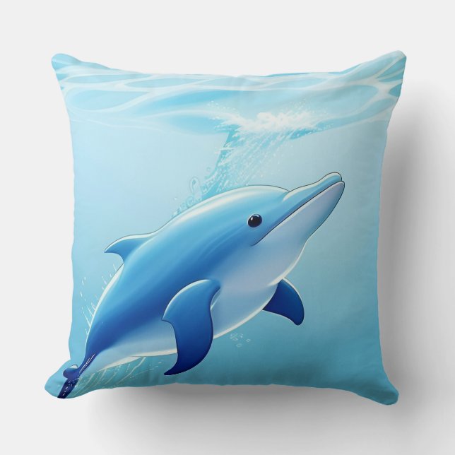 Cute Blue Dolphin Playing Happily in Water Cushion (Front)