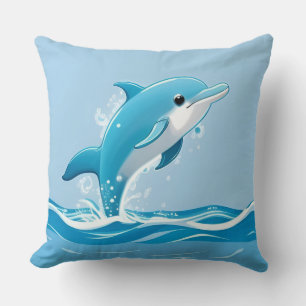 Cute Blue Dolphin Playing Happily in Water Cushion