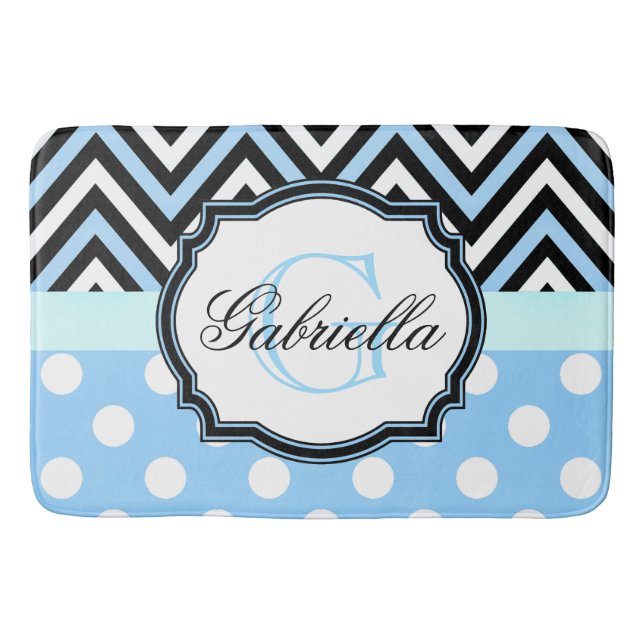 Cute Blue Dots and Stripes Bath Mat (Front)