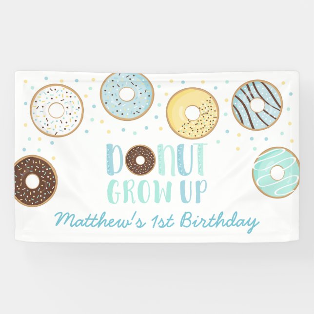 Cute Blue Doughnut Grow Up Birthday Banner (Horizontal)