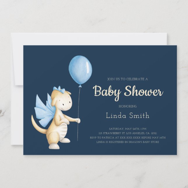 Cute Blue Dragon Boy Baby Shower Invitation (Front)