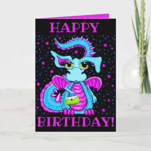 Cute Blue Dragon Cartoon Personalised Birthday Card