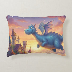 Cute Blue Dragon Flying Over Castle Decorative Cushion