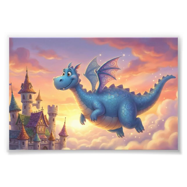 Cute Blue Dragon Flying Over Castle  Photo Print (Front)
