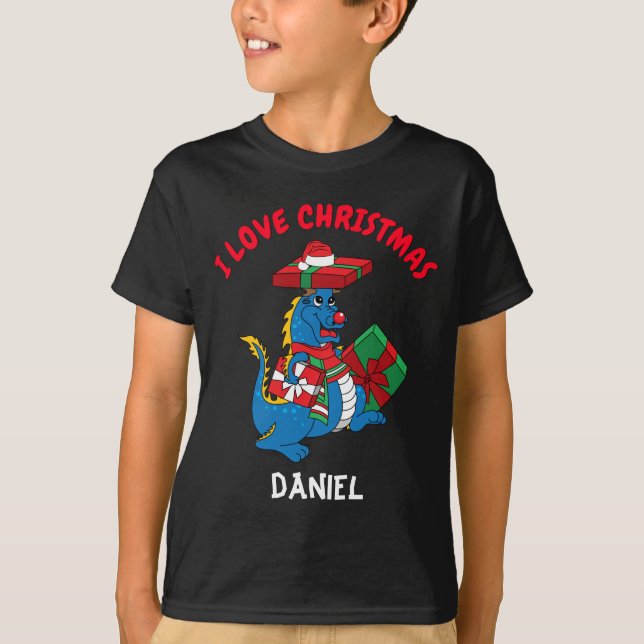 Cute Blue Dragon I Love Christmas T-Shirt (Front)