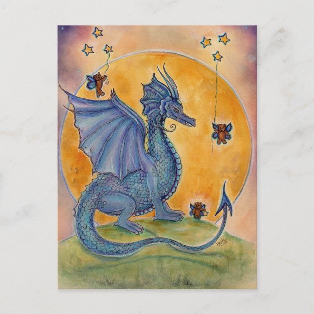 Cute blue dragon with bears and stars postcard (Front)