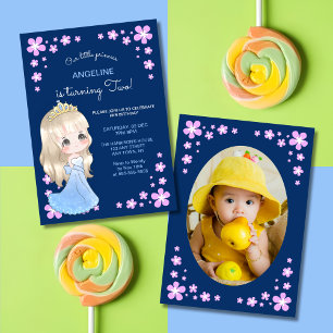 Cute Blue Dress Princess Floral Photo Birthday Invitation