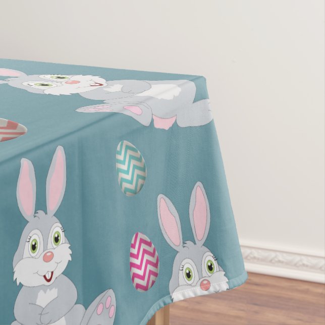 Cute Blue Easter Bunny Rabbit Pattern Tablecloth (In Situ)