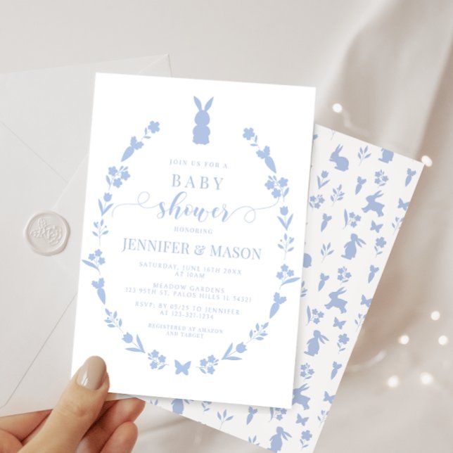 Cute blue Easter rabbit floral baby boy shower Invitation (Creator Uploaded)